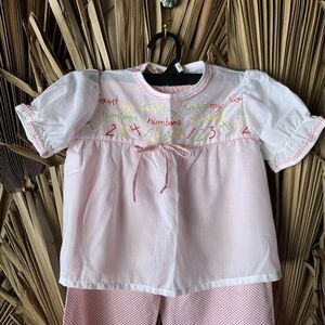 Vintage Kids's Polka Dot Pants Set Red 3T Puff Sleeves Embroidered Numbers‎